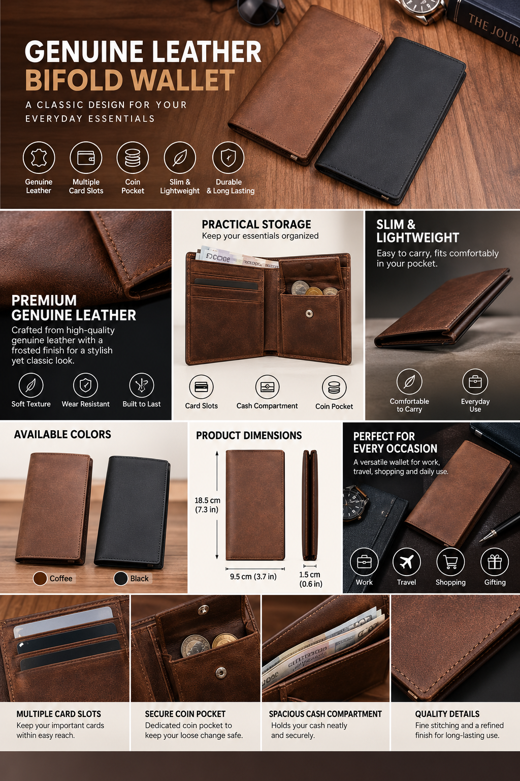 Genuine Leather Bifold Wallet