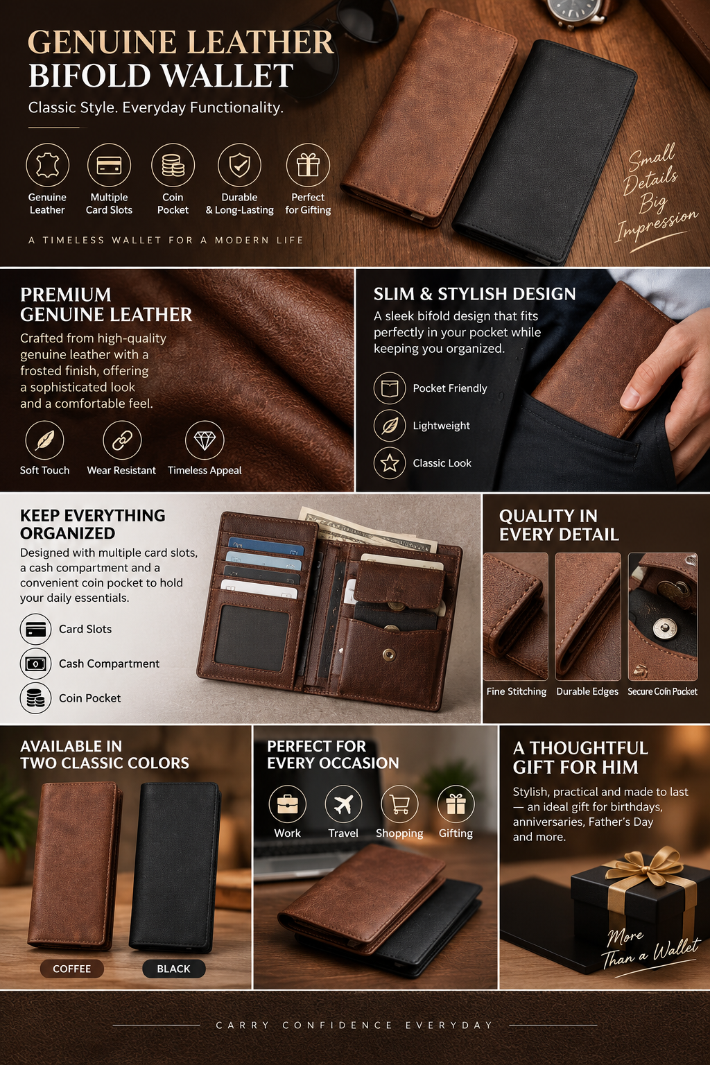 Genuine Leather Bifold Wallet
