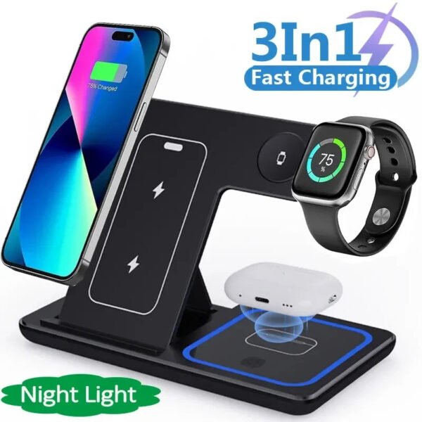 15W 3-in-1 Wireless Charging Station – LED Foldable Fast Charger Stand