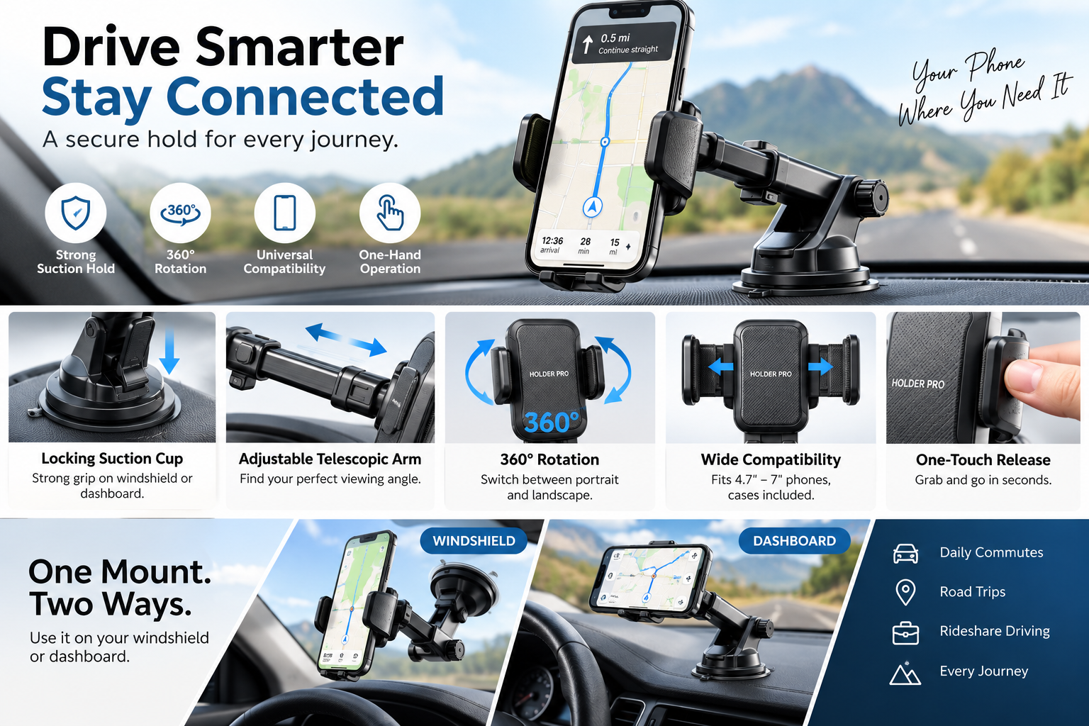 windshield phone mount for car